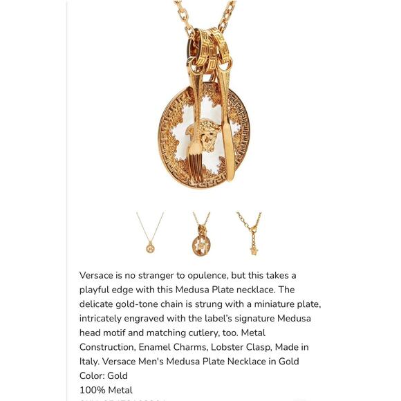Versace Medusa Gold Miniature Plate Greca Engraved Pendant Necklace NWT $675 - Picture 6 of 14